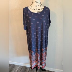 Lucky Brand Tee Shirt Dress Womens 2X BLUE/RUST PAISLEY PRINT